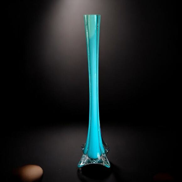 Vintage Soliflore Hand Blown Glass Vase-Light Turquoise 4-Sided Thin Square- MCM - Picture 3 of 12